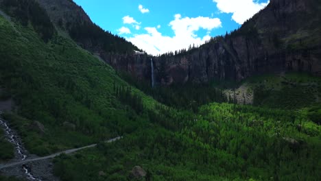 telluride bridal veil falls aerial drone waterfall telluride black bear pass road colorado powerplant windy mist spray ouray ridgway box canyon cliffside 4wd hiking cloudy sun blue sky upwards