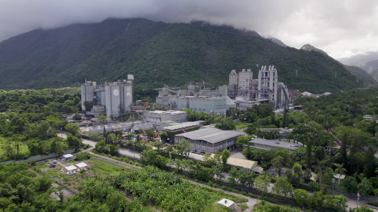 Circular aerial view of the local cement factory at Xincheng Township in Hualien County, Taiwan, entrance to the beautiful Taroko National Park on the east coast of the Island of Taiwan