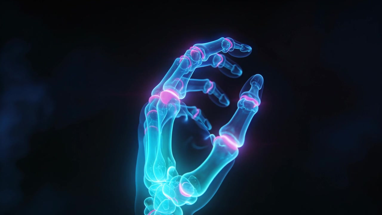 Main squelettique en rotation fléchissant les phalanges et les métacarpiens dans un vide noir, avec des articulations roses et une lueur cyan.