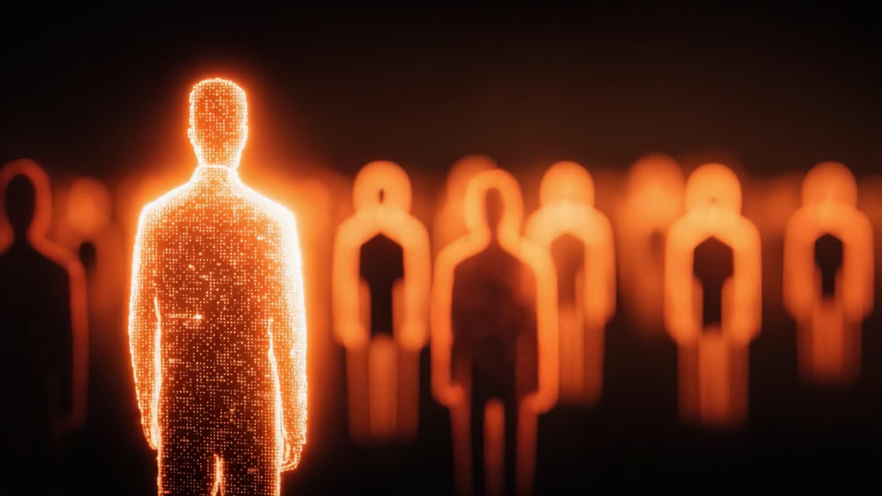 Eine eindrucksvolle visuelle Darstellung beleuchteter Figuren, die in einem dunklen Raum stehen und den Kontrast zwischen Licht und Schatten zeigen, mit Fokus auf Individualität und Präsenz in einer Menschenmenge.