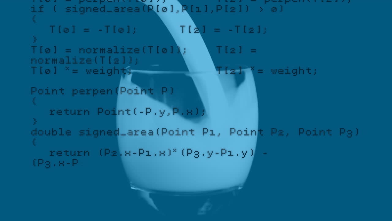 Animation of data processing over close up of milk poured into a glass against blue background