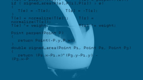 Animation-Der-Datenverarbeitung-über-Einer-Nahaufnahme-Von-Milch,-Die-In-Ein-Glas-Vor-Blauem-Hintergrund-Gegossen-Wird