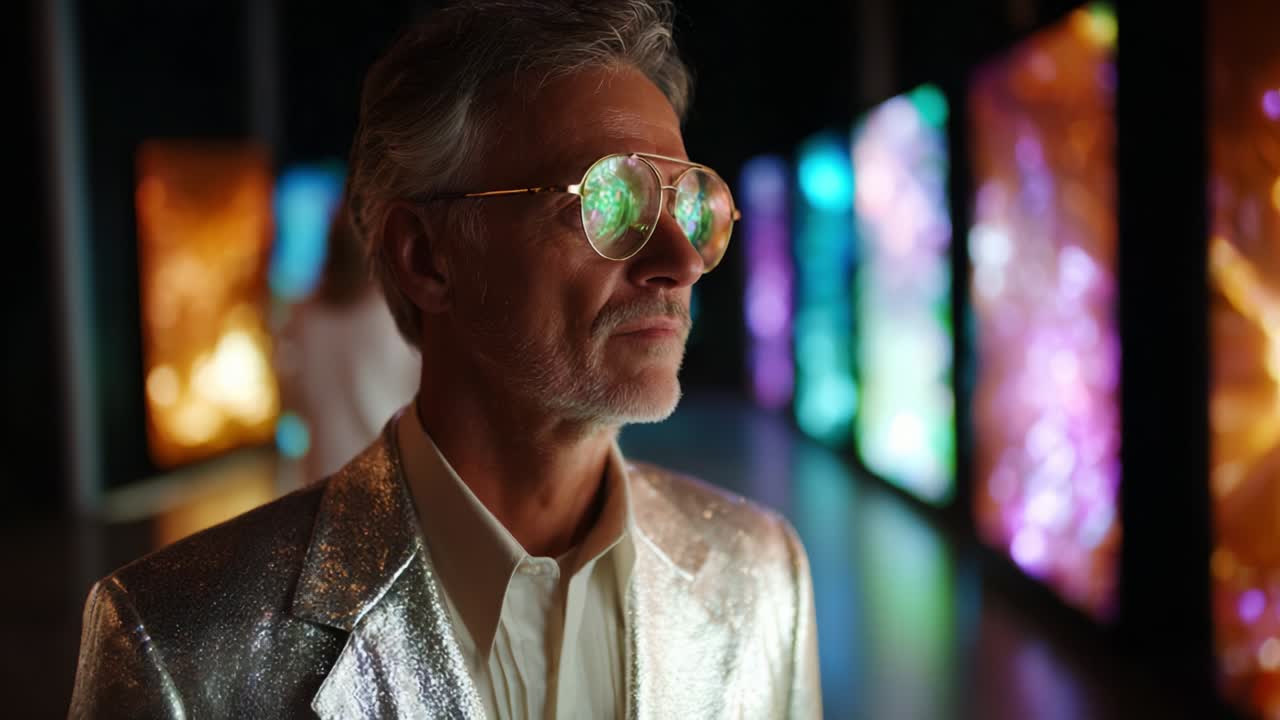 A distinguished older gentleman in a sparkling silver suit and unique glasses gazes thoughtfully amidst a vibrant art installation showcasing illuminated abstract displays of colors and textures