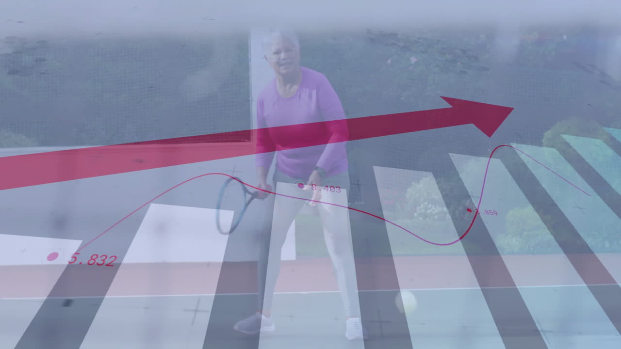 Female player swinging racket on outdoor court, integrating technology bar chart and red line graph