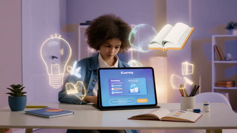 young person engages in e-learning with virtual projections and ideas