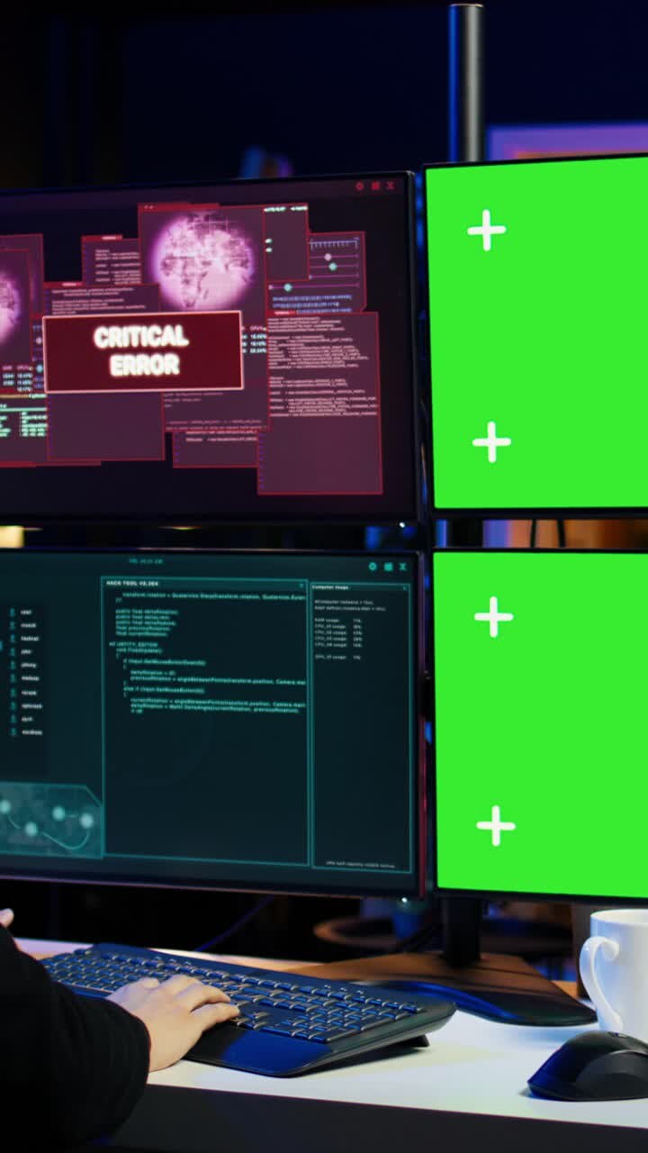 Hacker che usa un video verticale e un monitor mockup e visualizza il messaggio di errore di accesso negato