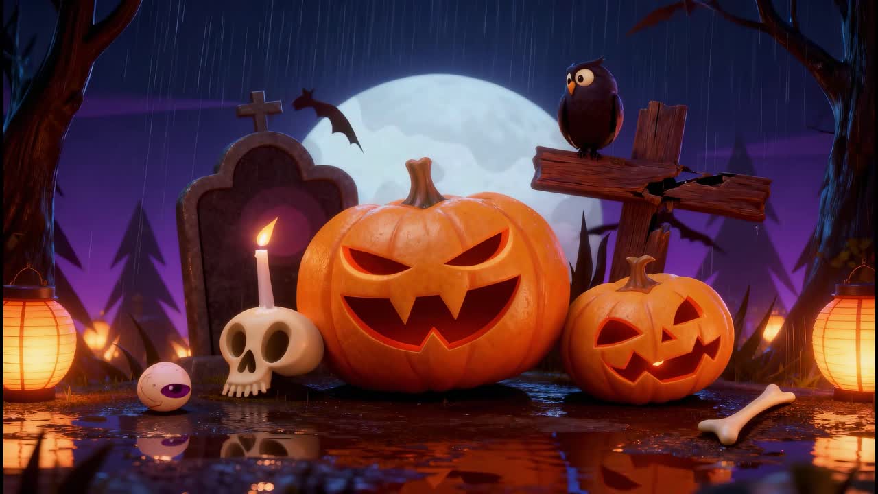 Halloween Night Scene with Pumpkins, Skull, and Cemetery