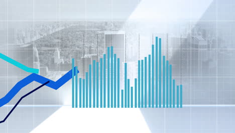 Animation-Von-Blauen-Diagrammen-über-Der-Stadtlandschaft