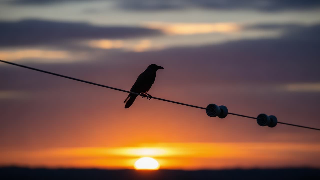 Una silhouette di un uccello su un filo contro lo sfondo suggestivo di un tramonto colorato, che cattura l'essenza della bellezza e della tranquillità della natura