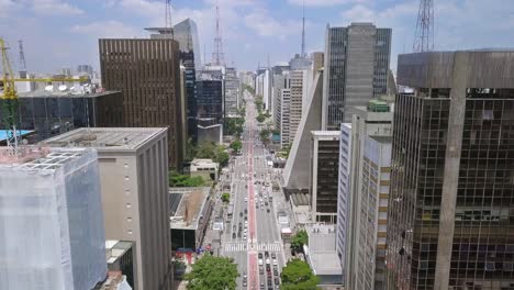 sao paolo financial street avenida paulista on a busy day with traffic and working people- ascending aerial drone shot made in brazil