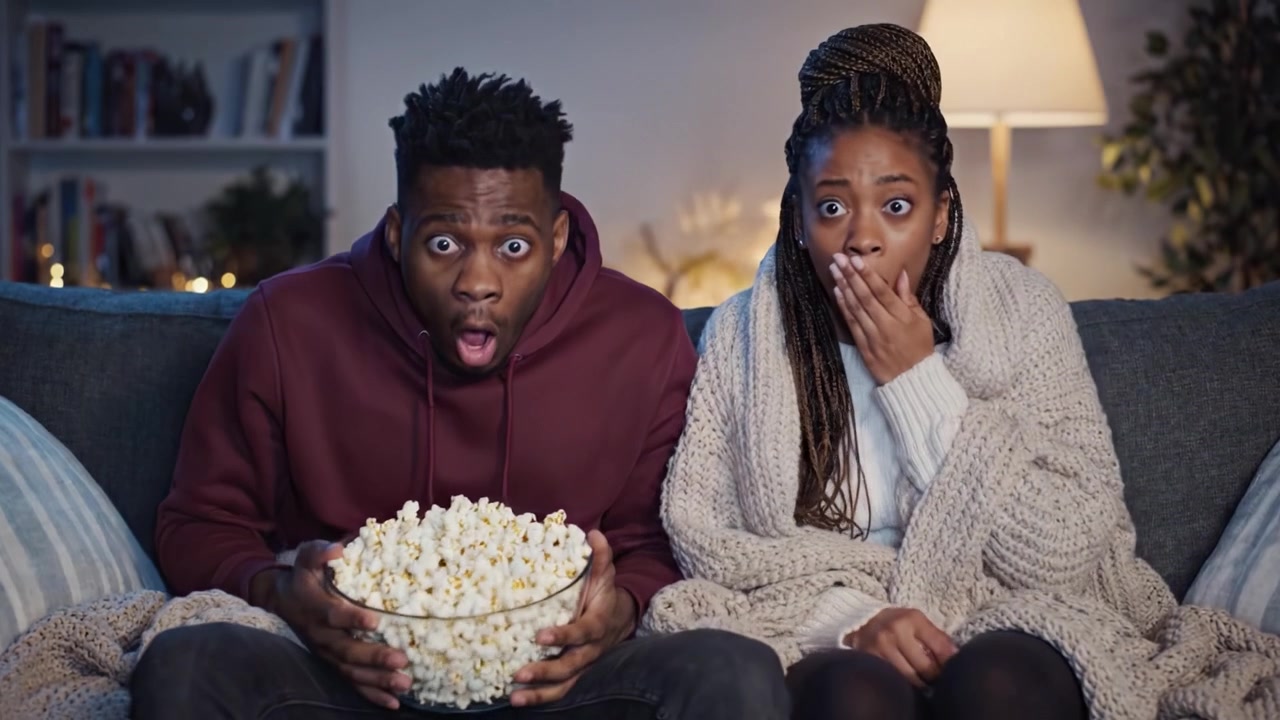 En koselig kveld tilbrakt på sofaen med venner, popcorn i hånden, fanget i øyeblikk av spenning og glede mens de nyter en engasjerende film sammen.