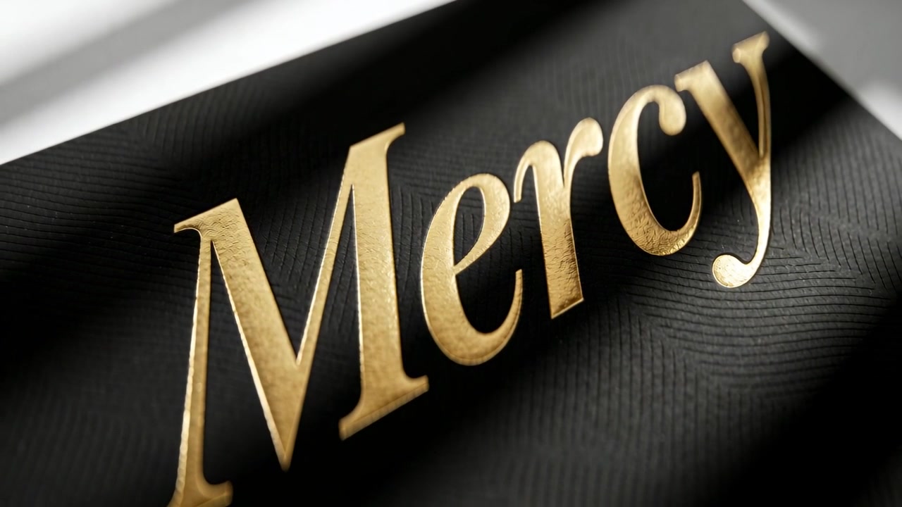 Sich bewegende Kamera enthüllt goldfolierte Mercy-Prägung auf schwarzem Untergrund im Studio, um den Glanz zu zeigen