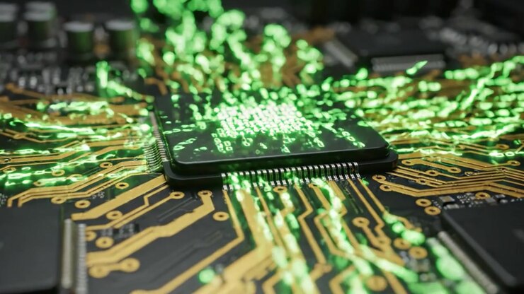 Indviklet elektronisk kredsløb, der viser avanceret chipteknologi med skinnende grønne signaler og detaljerede baner til datatransmission