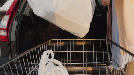 a woman unloads shopping bags from a basket in the trunk of a car