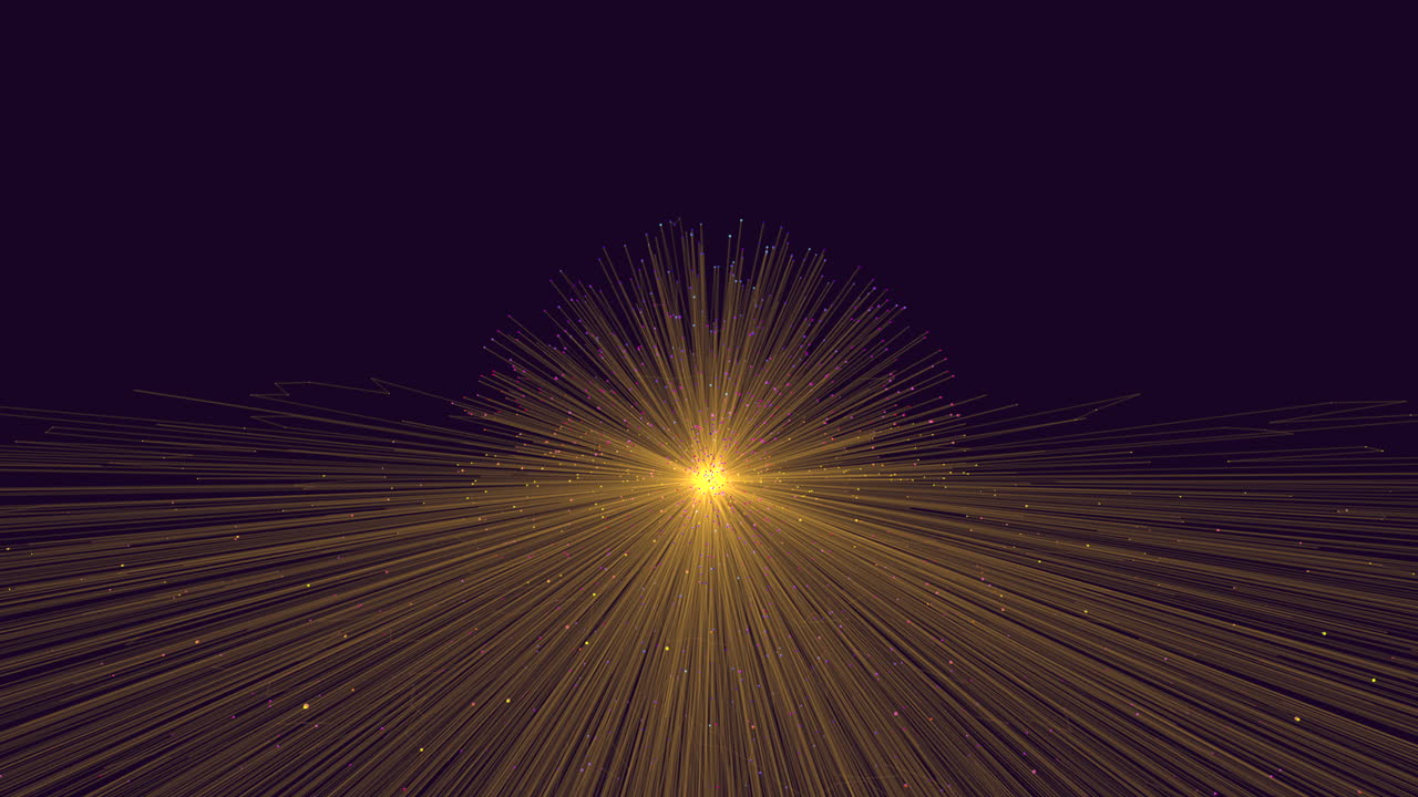 Abstract golden light burst with particle trails on dark purple background