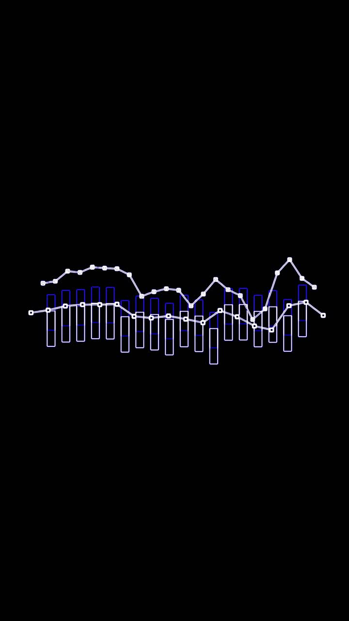 Animation of neon blue bar chart and line graphs, seamless loop for social media on black background