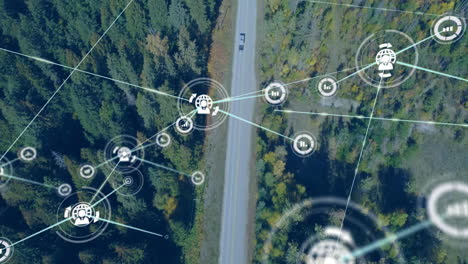 network of connections and data processing animation over aerial view of forest road