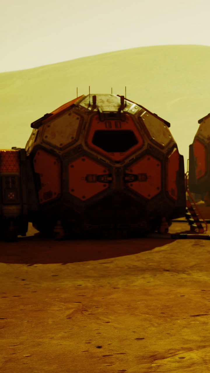 Exploring futuristic habitats on mars during a dusty sunset