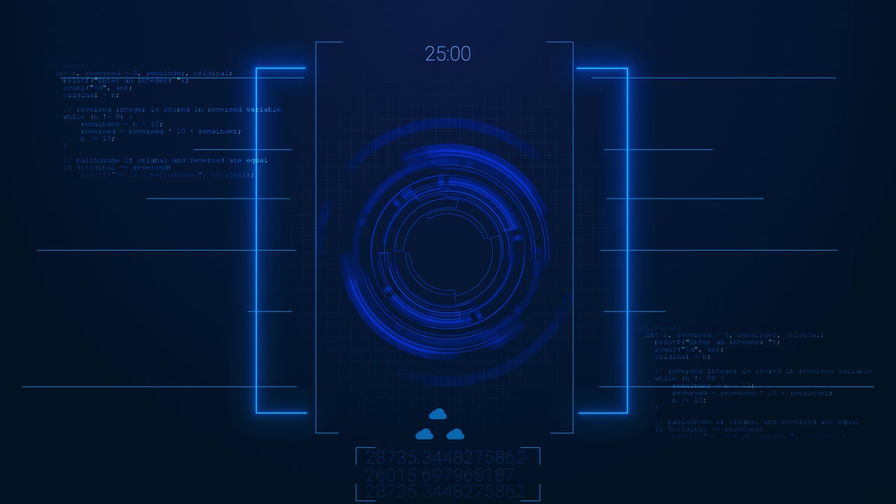 Digital programming control panel visual with blue neon brackets code fragments central hud circle