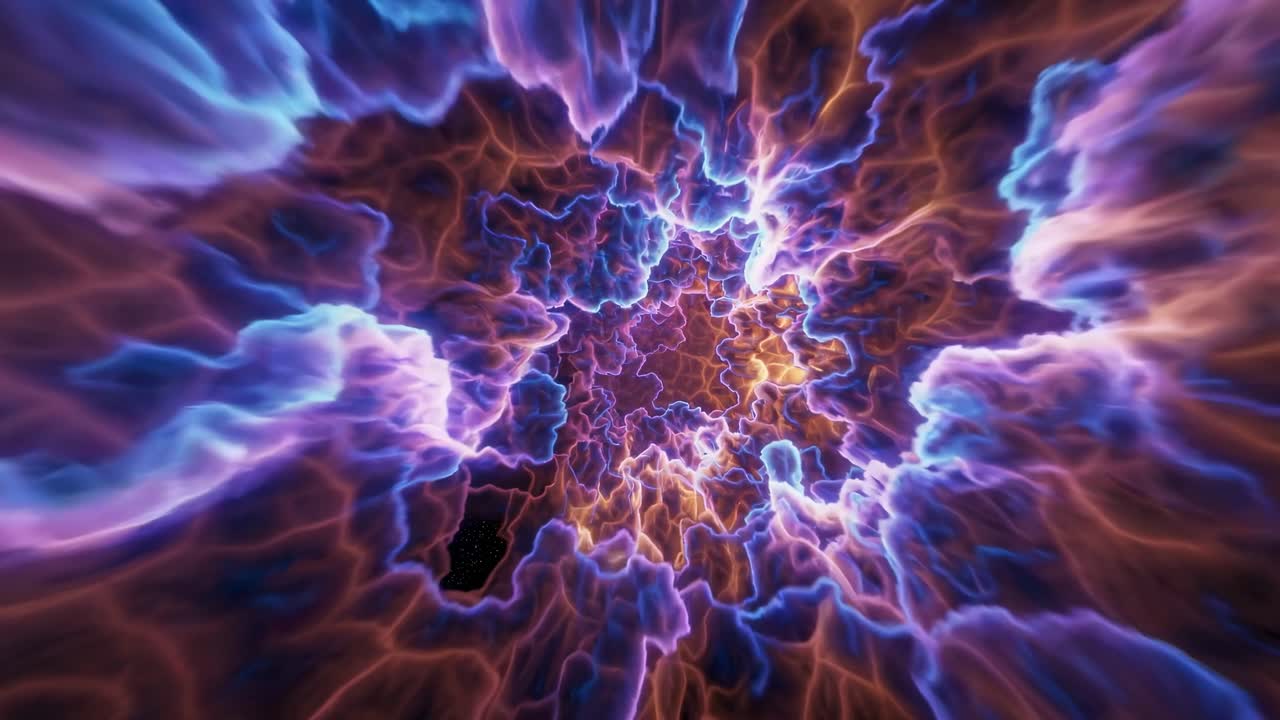 Abstract cosmic energy waves in vibrant purples and blues, viewed from a dynamic, low-angle