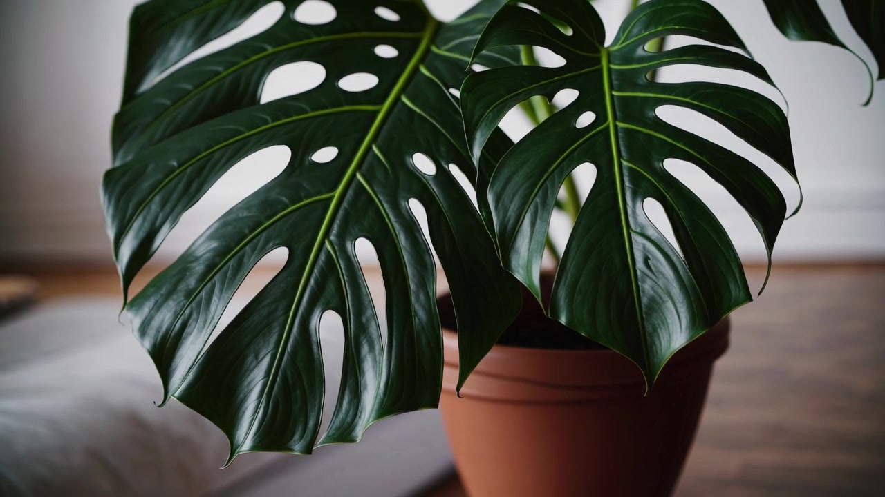 Detail pokojové rostliny Monstera Deliciosa v květináči ve světlé místnosti