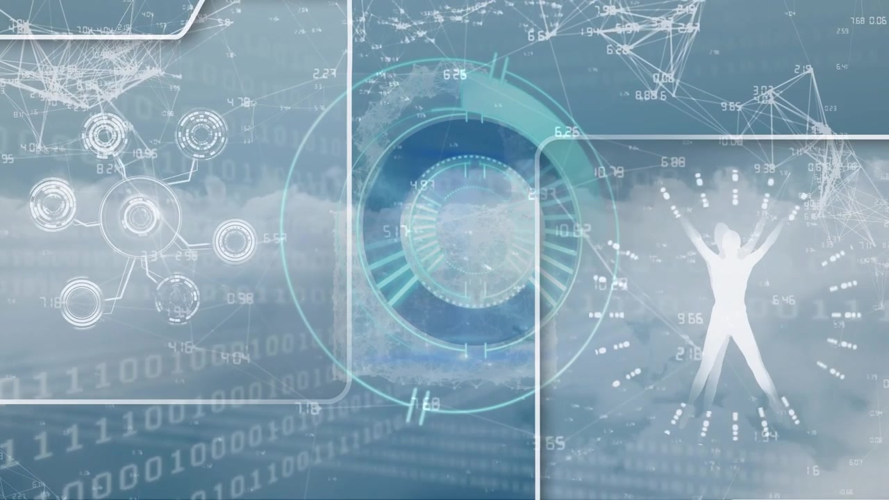 Animation of graphical interface with eyeball, human body, numbers around dots connecting with lines