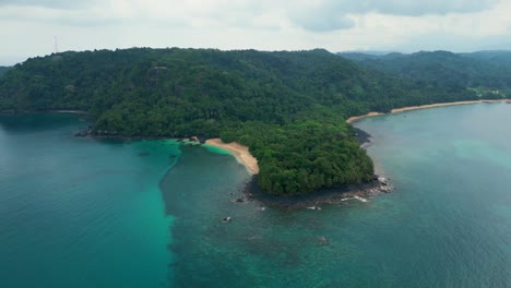 aerial circular view from banana beach at left and burra beach at right at ilha do principe (prince island) africa