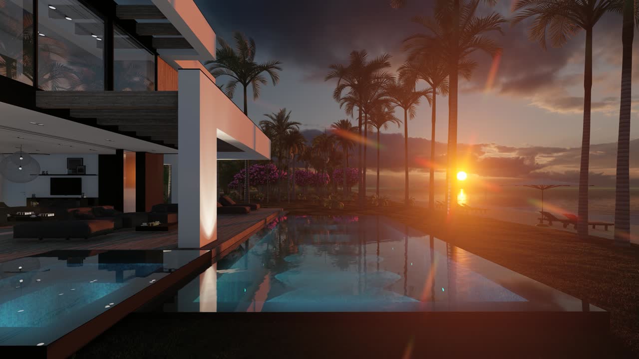 video en 4k de una casa moderna de estilo lujoso junto al mar o al océano al atardecer