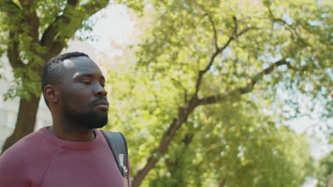 multiethnic men standing in park and having discussion