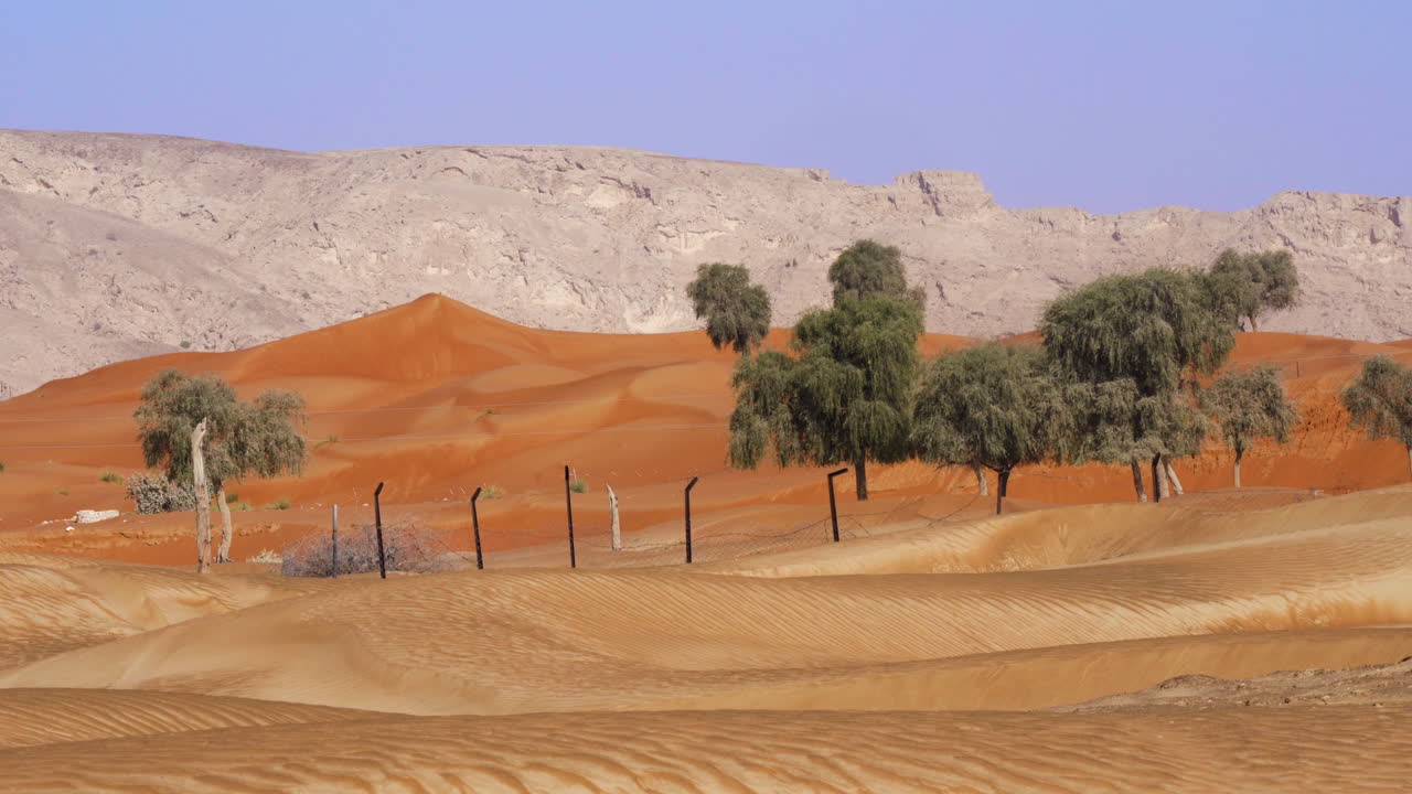 Protected Area In Barren Desert At Fossil Rock Nature Reserve With Limestone Mountains In Background At Sharjah, UAE - Static Shot