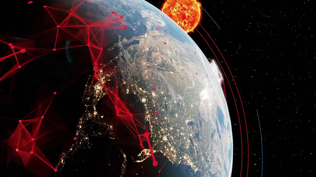animación 3d del planeta tierra girando globo desde el espacio negro con contaminación electromagnética conexión wifi en la principal gran ciudad metropolitana sol en el fondo
