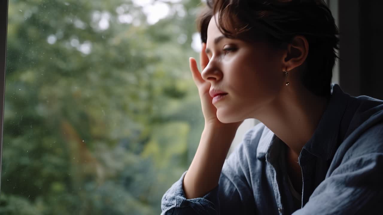 Young man rests head on hand near window. He looks down, eyes closed, showing sadness. Soft daylight filters through green leaves outside. Scene suggests quiet moments of introspection or melancholy