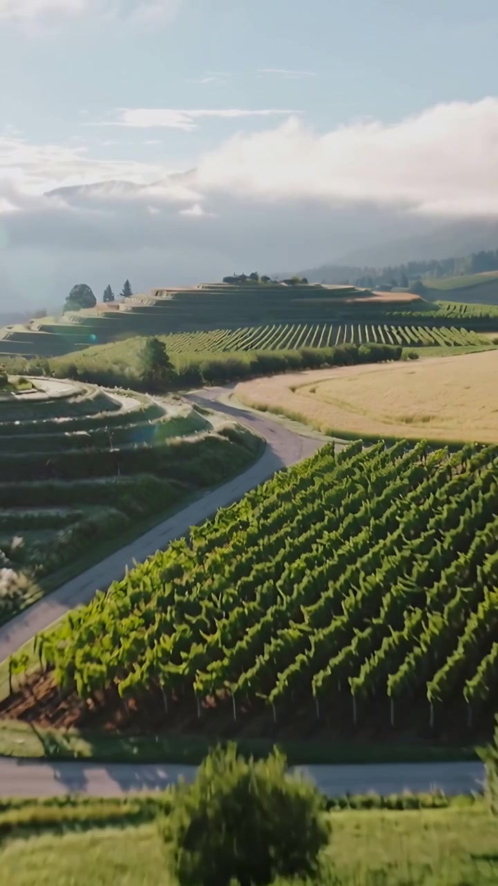 Video verticale: Drone che decolla e si alza sopra filari di viti a terrazze e una strada tortuosa, sorvegliando i campi.