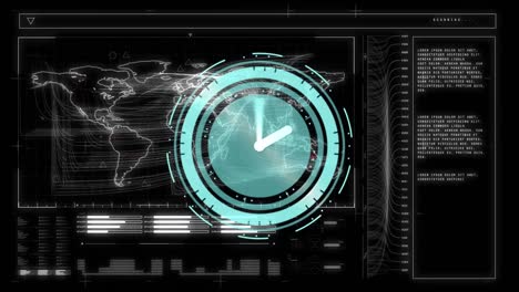 animation of scope scanning with clock over data processing on black background