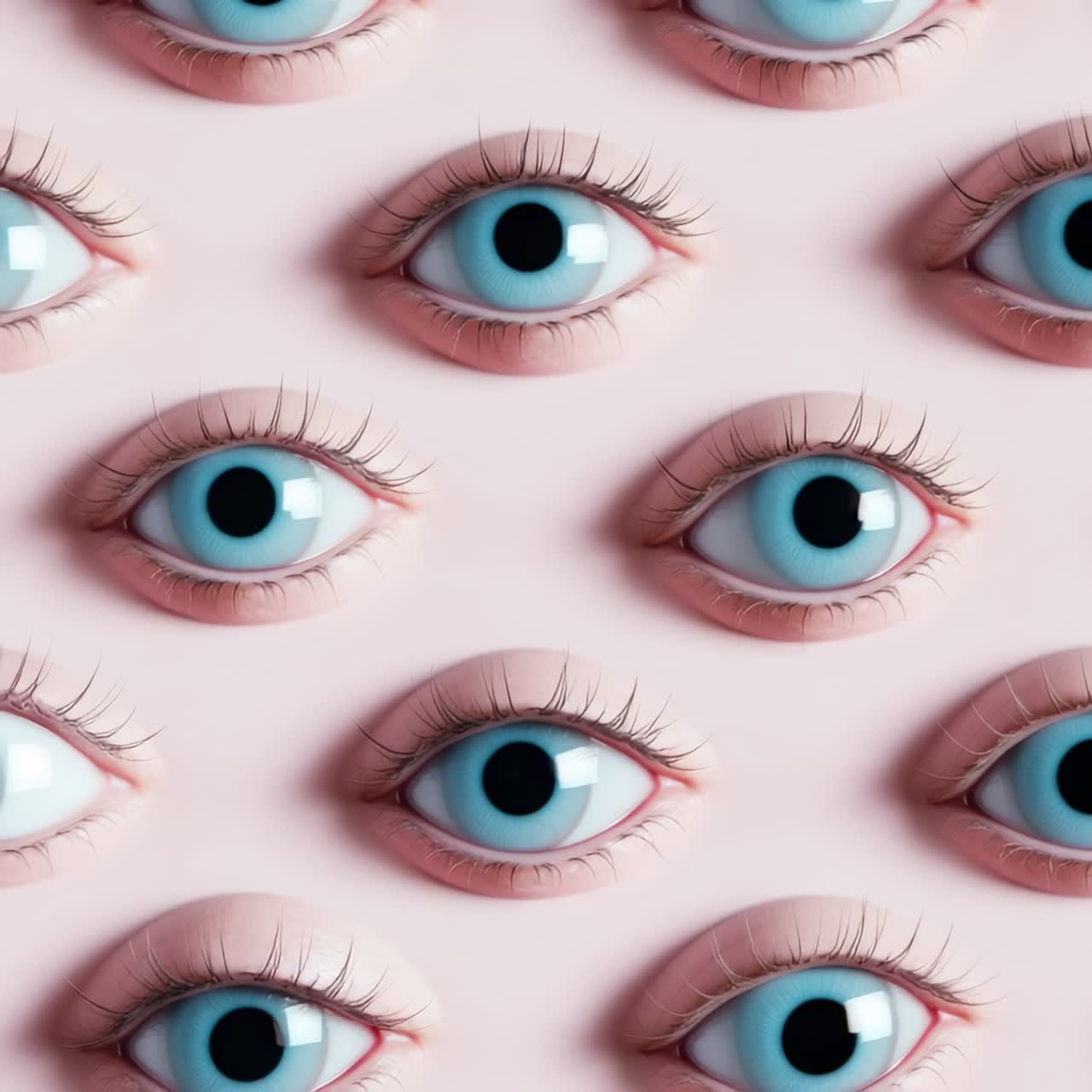 Surreal video concept featuring a close-up, top-down view of multiple realistic blue eyes on a soft