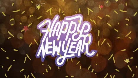 Animation-of-happy-new-year-text-in-white,-with-yellow-confetti-falling-on-bokeh-background