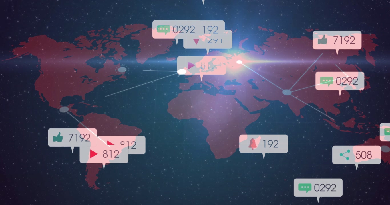 Opening scene revealing red world map loading nodes linking continents and updating social metrics
