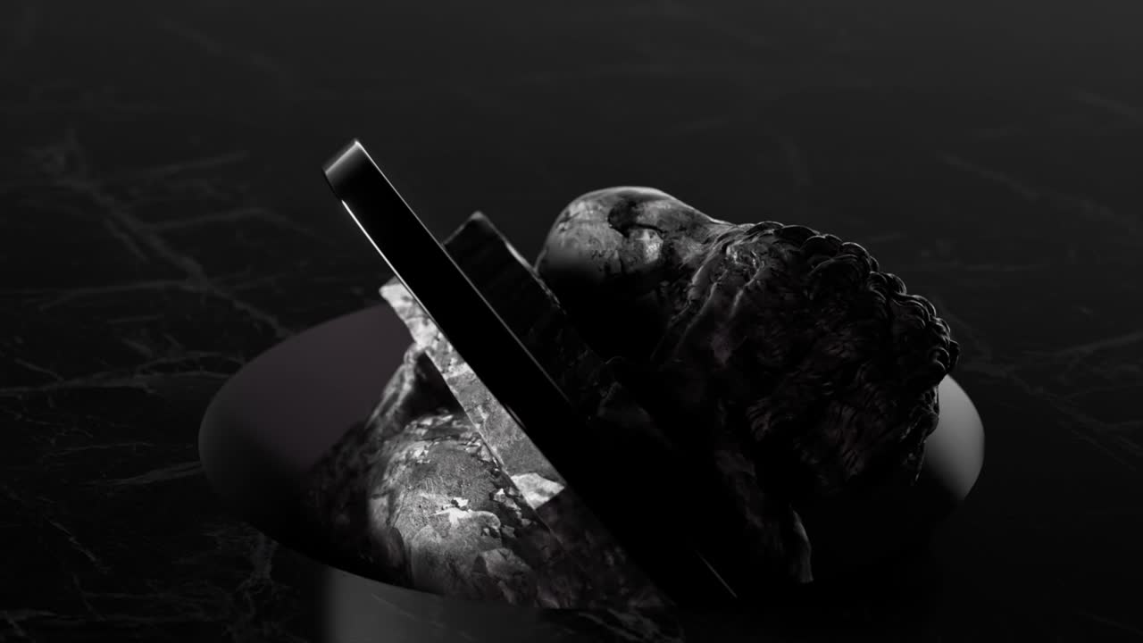 скульптура льва переворачивается на платформе. черно-белый. 3d-анимация бесшовной петли