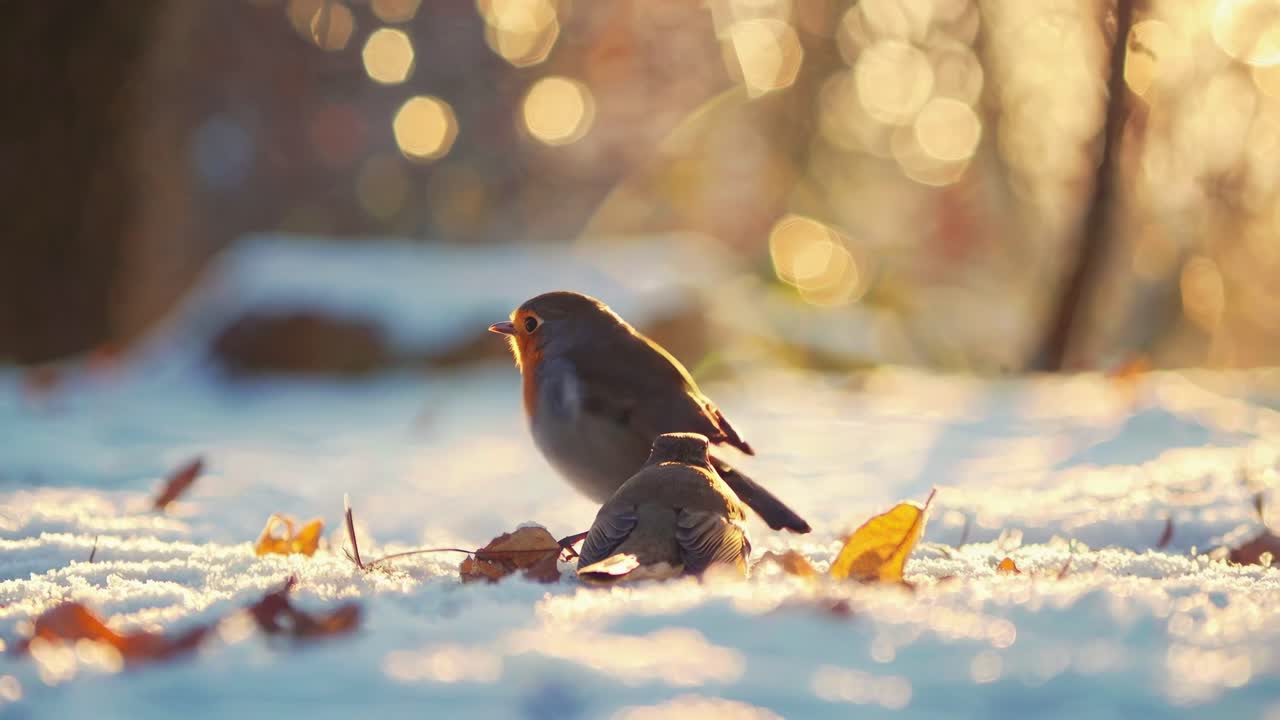 Close-up video of a robin on snow, captured at a low angle. Warm, golden bokeh in the background