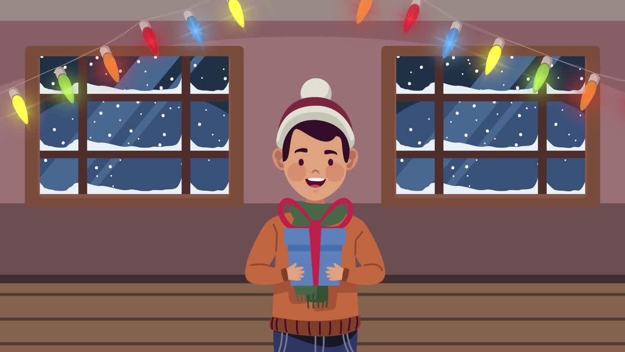 merry christmas animation with man lifting gift