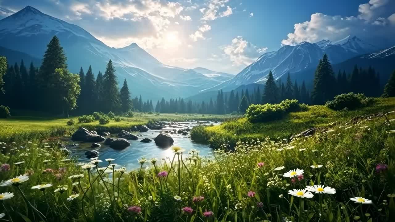 A serene landscape video captures a low-angle view of a vibrant meadow with wildflowers, a flowing