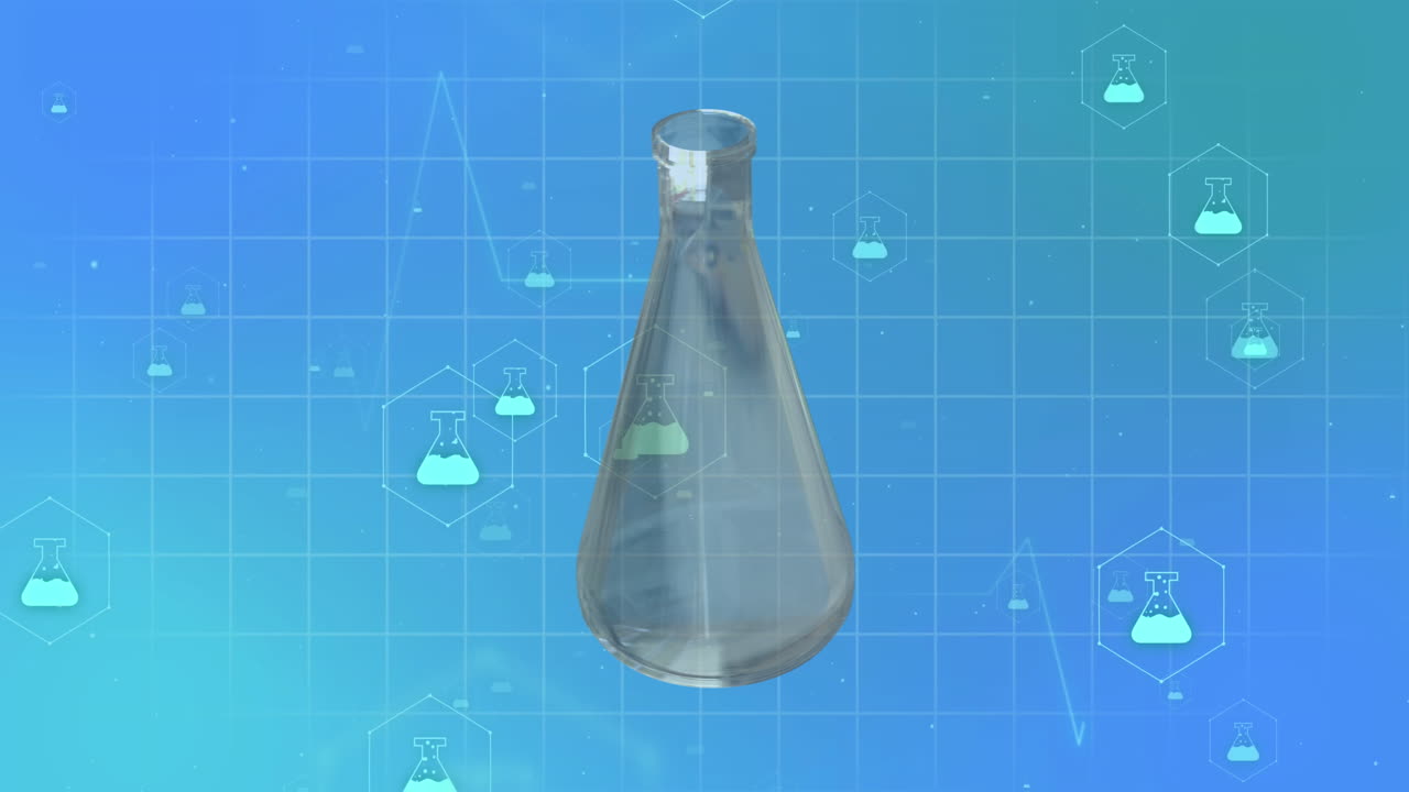 Animation of chemistry icons and chemistry beaker on blue background