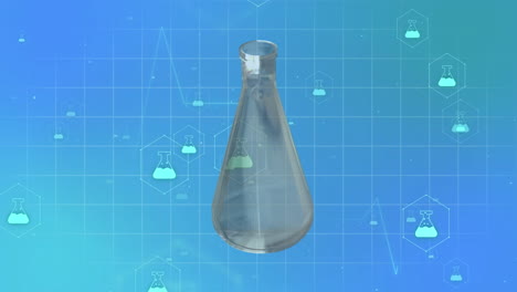 animación de iconos de química y vaso de química en fondo azul