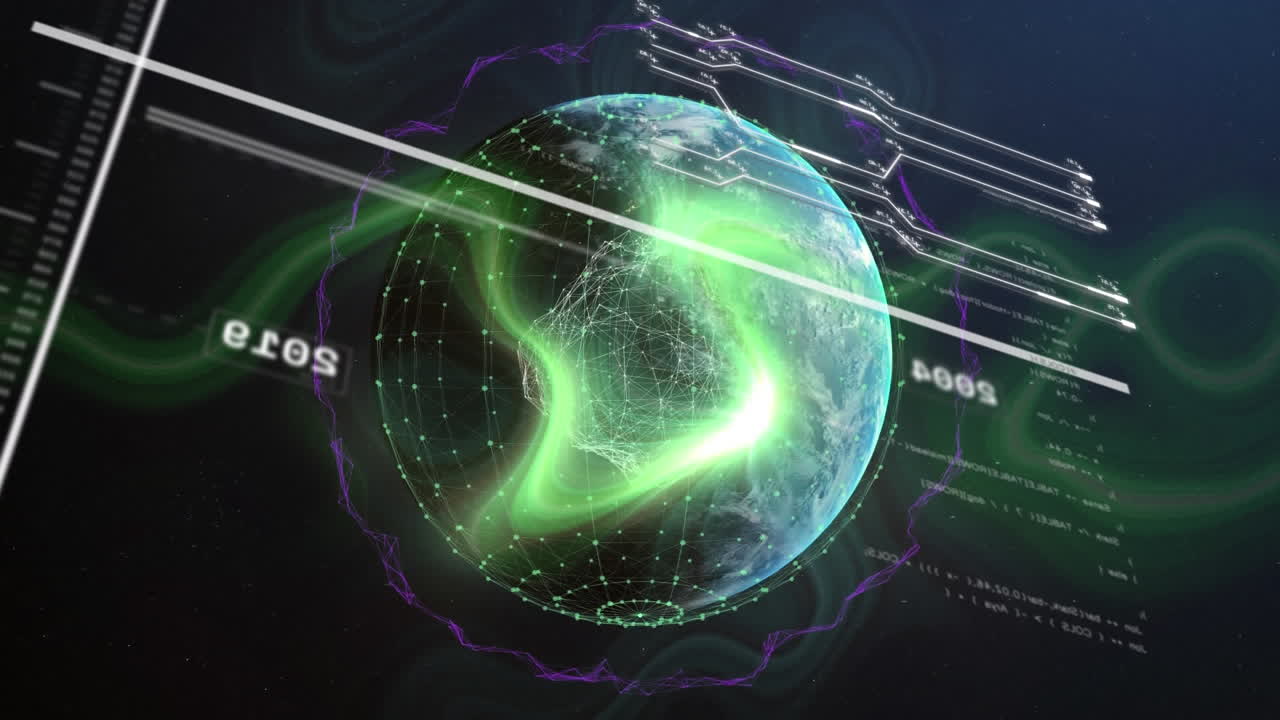 animación de la interfaz con procesamiento de datos contra la onda digital verde sobre el globo giratorio.