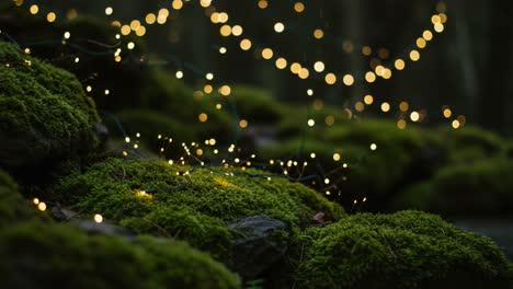 enchanting nature scene with glowing lights and lush green moss creating a magical ambiance in a forest setting
