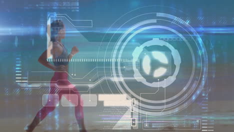 animación de escaneo de alcance y procesamiento de datos sobre mujer en forma corriendo por la orilla del mar