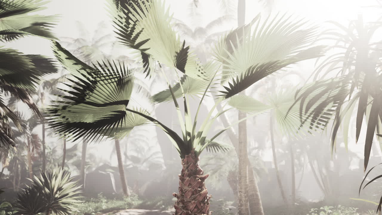 안개 속 에 있는  나무 가 있는 열대 숲