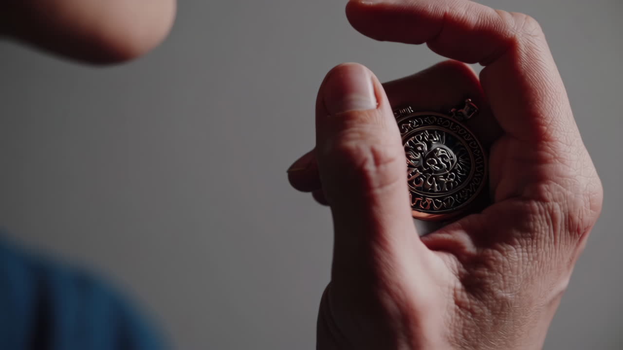 Person Examining an Antique Medallion Pendant