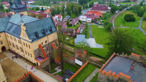 Drone-flies-around-Zruč-nad-Sázavou-Castle-in-Czech-Republic,-exterior-and-garden