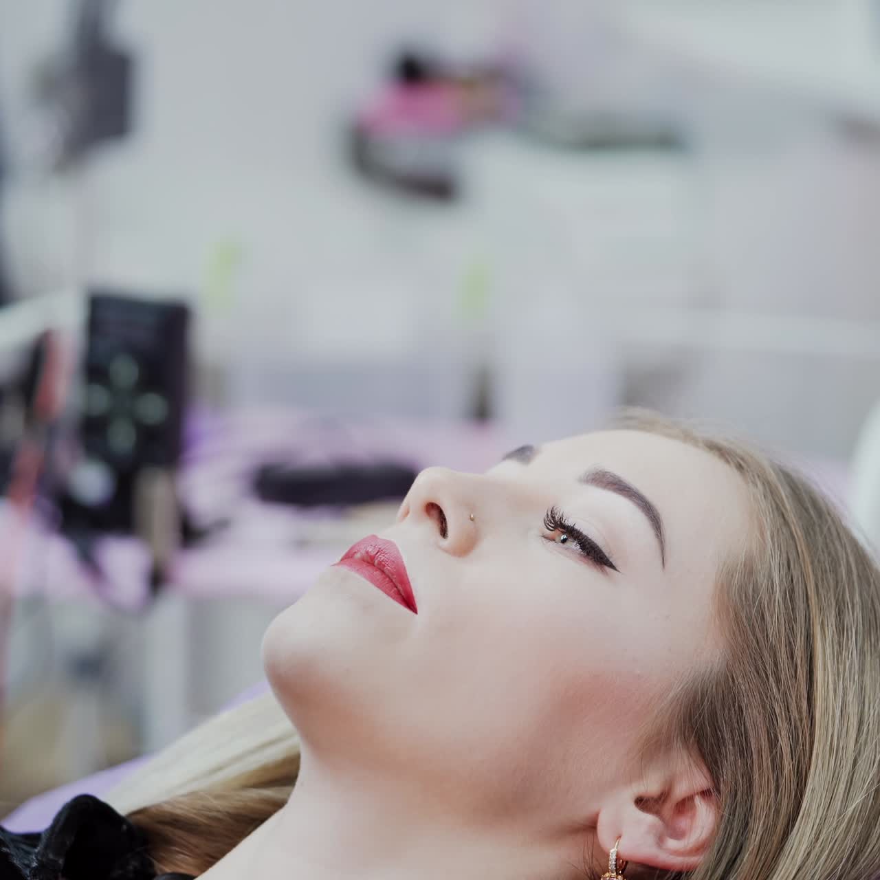 Cosmetic procedure of tattoo on lips. Master applying red permanent makeup on young girl lips. Close-up. Plastic medicine and cosmetology.